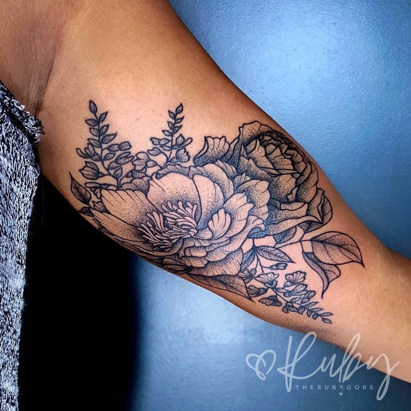 Vegan Dotwork Peony Dark Skin Arm Tattoo