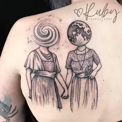 Fine line tattoo of two surreal, cosmic gay women holding hands with minimalist shading on the shoulder by Ruby Gore, fine line tattoo artist portland