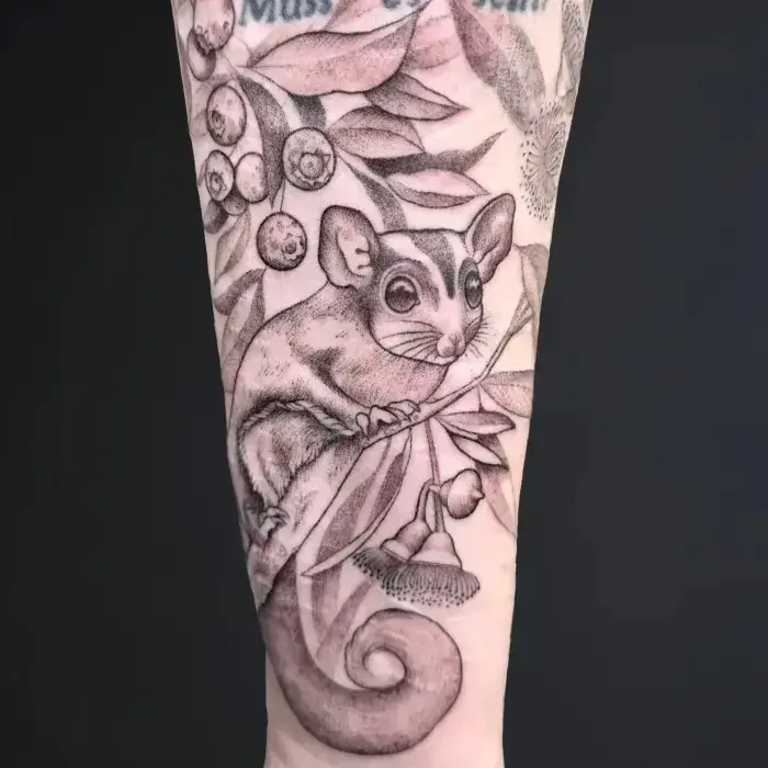 Fine line tattoo of a pet sugar glider animal with minimalist shading on the forearm by Ruby Gore, fine line tattoo artist portland