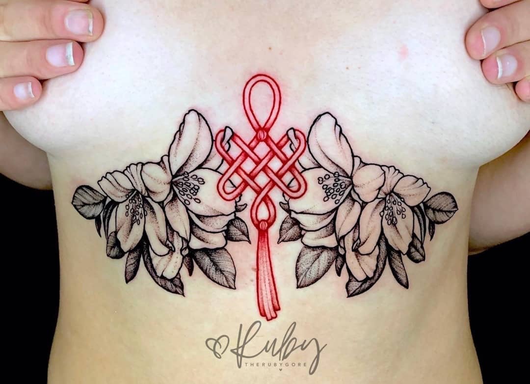 Vegan Dotwork Floral Sternum Japanese Knot Tattoo