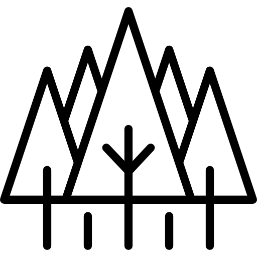 Minimalist black outline icon depicting Pacific Northwest mountains and trees.