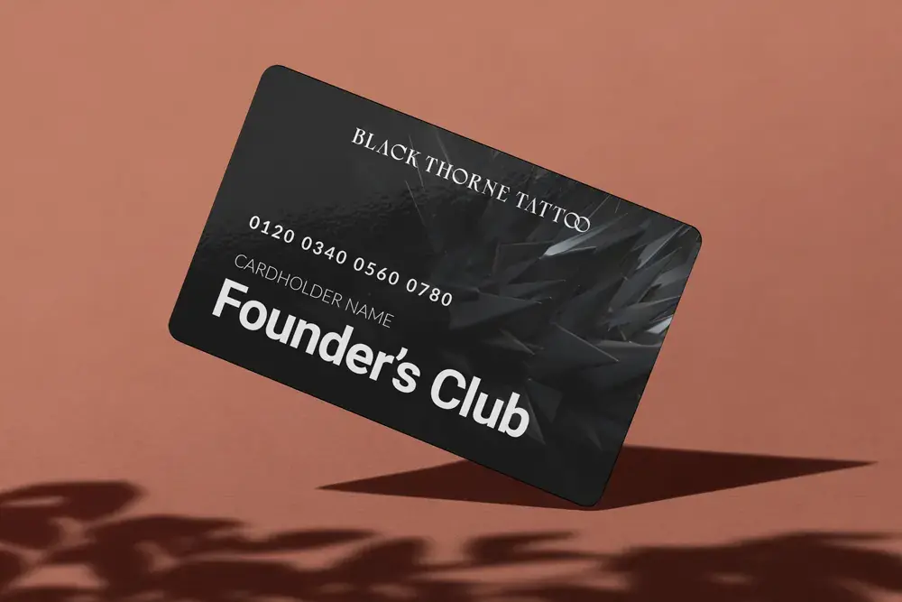 Black Thorne Founders Club membership card on tan background