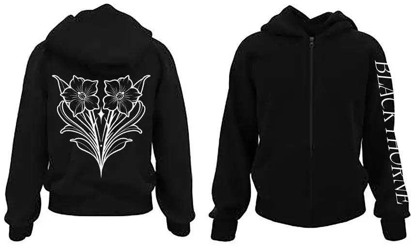 Black Thorne Tattoo Portland hoodie with white floral linework design on front