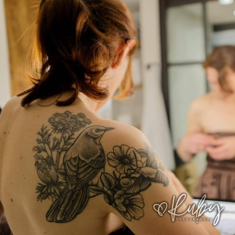 Dotwork Floral Bird Vegan Shoulder Tattoo
