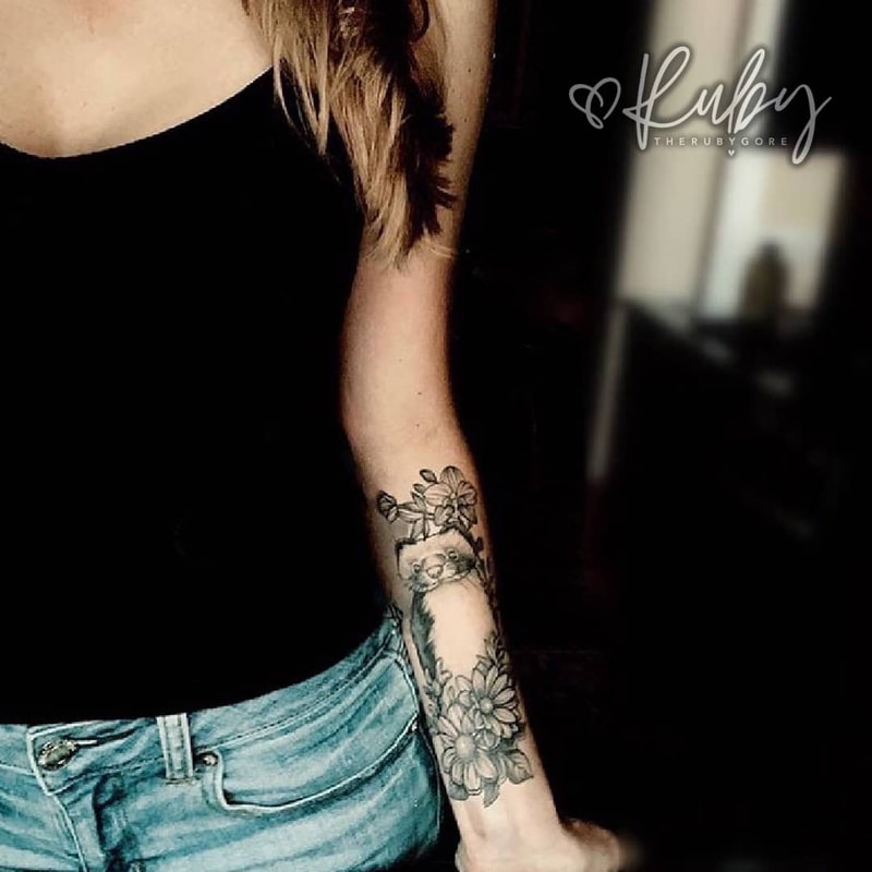 Dotwork Floral Ferret Vegan Forearm Tattoo