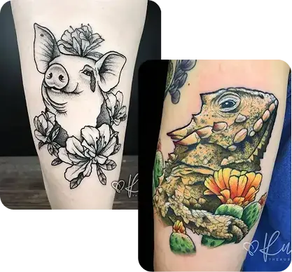 vegan pig and lizard tattoo by Ruby Gore, nature tattoo artist portland