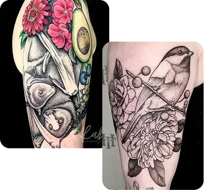 Fruit bats and botanical chickadee by Ruby Gore, nature tattoo artist portland