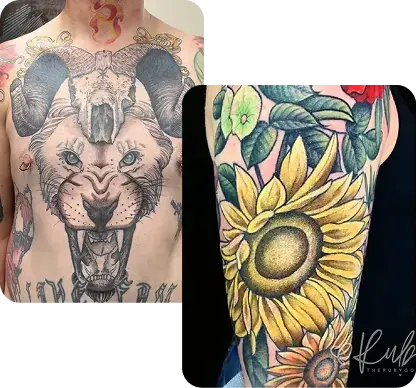 Lion tattoo and colorful floral sleeve by Ruby Gore, nature tattoo artist portland