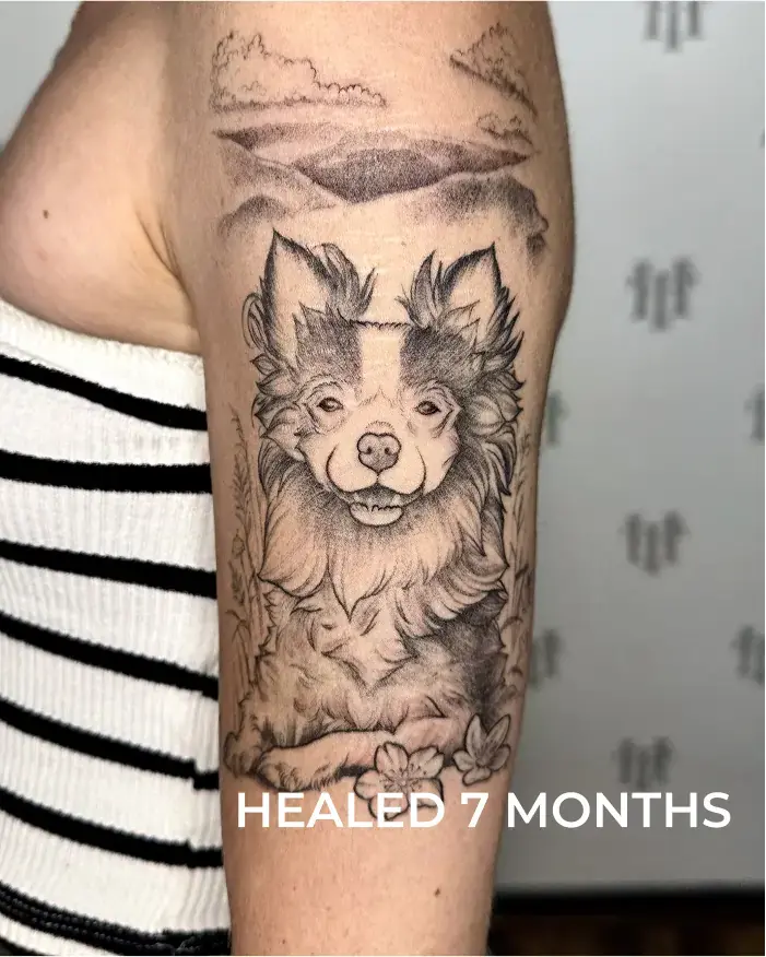 healed scar coverup tattoo memorial dog pet portrait dotwork floral tattoo by ruby gore in portland oregon