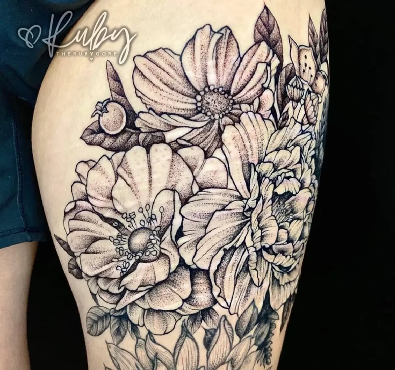 Intricate black and grey scar tattoo on the thigh, featuring large floral designs that effectively hide scars with detailed linework and shading.