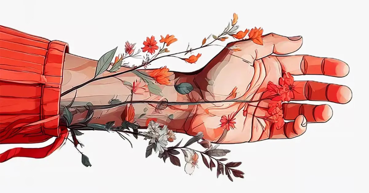 Illustration of a hand with vibrant red flowers and green vines growing from a red sleeve.