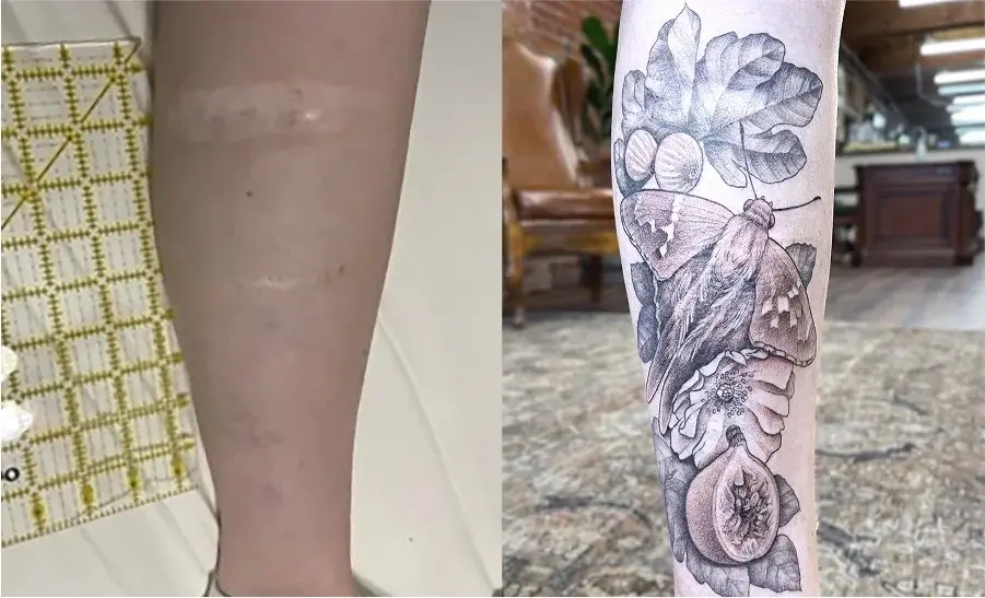 Black and gray floral calf tattoo scar cover up featuring detailed moth, figs, flowers and leaves by scar cover up tattoo artist Ruby Gore in Portland