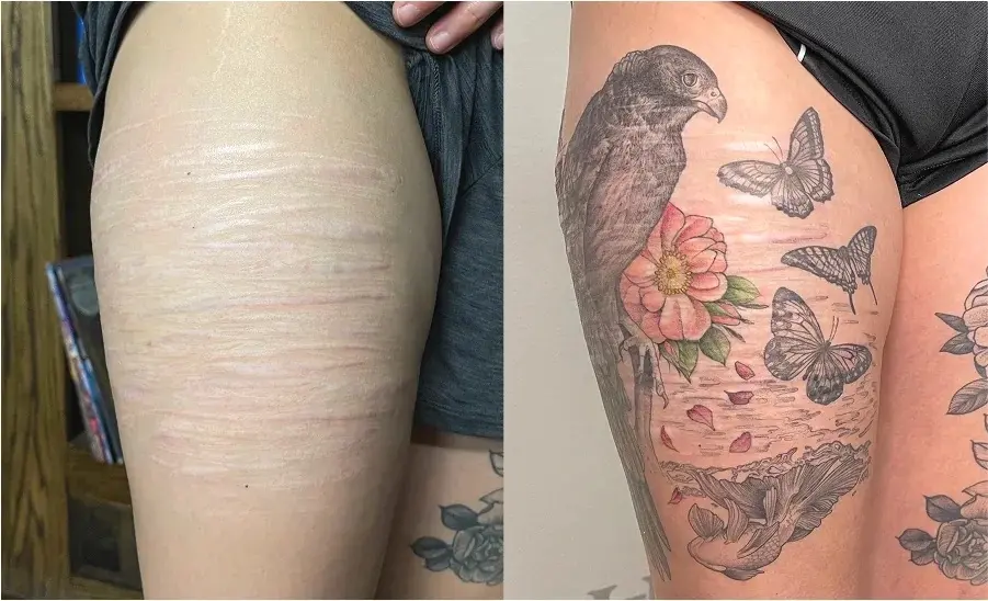 Audubon-like, scientific botanical illustration thigh scar cover up with a kestrel, butterflies, wild roses and swimming fish by Portland tattoo artist Ruby Gore