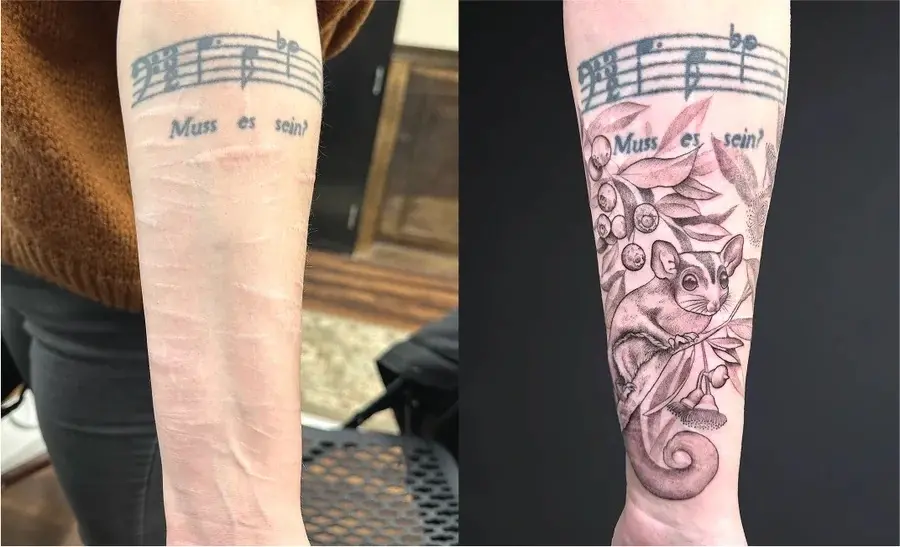 Black and gray sugar glider scar cover up tattoo by pet portrait tattoo artist Ruby Gore in Portland